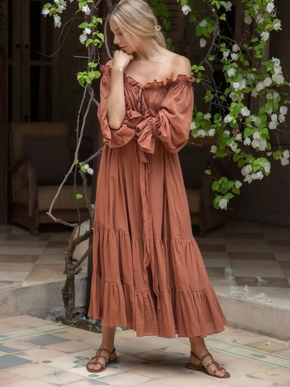 Rust Off-Shoulder Tiered Maxi Dress with Tie Detail